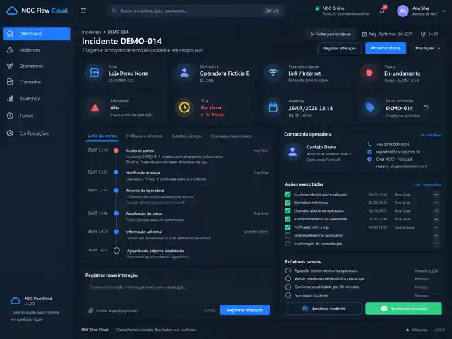 Mockup demonstrativo da tela de triagem de incidente do NOC Flow Cloud
